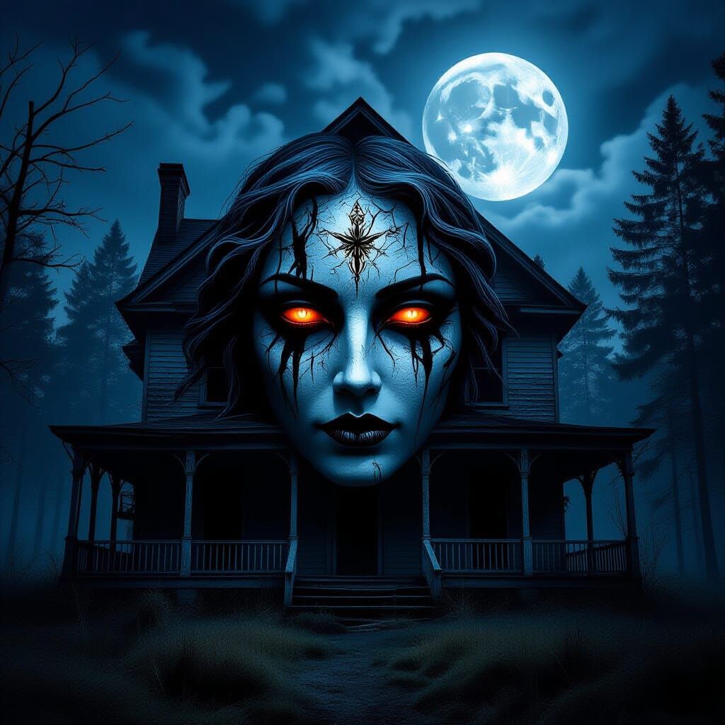 Goddess of Doom Over Haunted House Under Full Moon