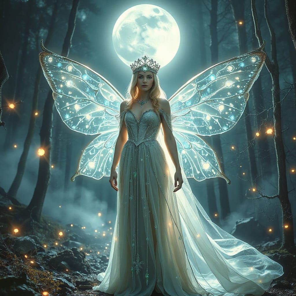 Ethereal Elven Queen in Silver Forest Under Full Moon