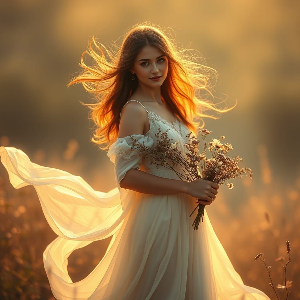 Ethereal Woman with Flowers in Dreamy Lighting