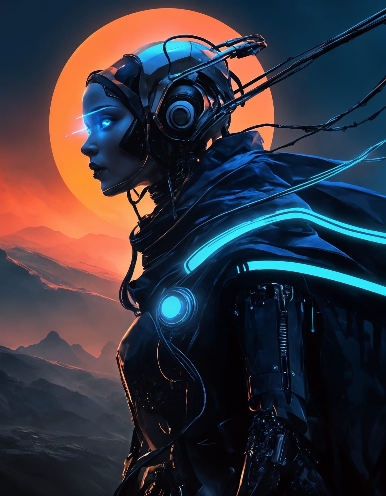 Glowing Android Goddess in Neon Blue Splendor