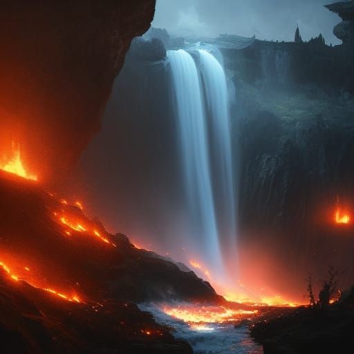 waterfall flowing over a mountain set ablaze
