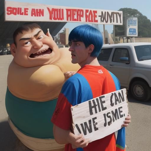 Gnashes teeth in anger; A large stupid looking man; ugly bowl cut; stupid looking technicolor clothing and a large sign...