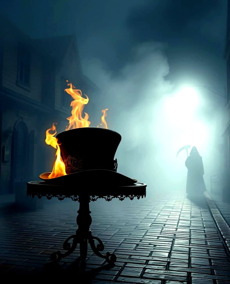Burning Victorian Hat in Foggy Town Square