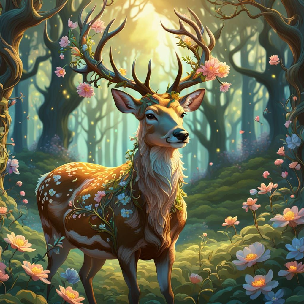 Floral Deer in Whimsical Forest, Digital Painting