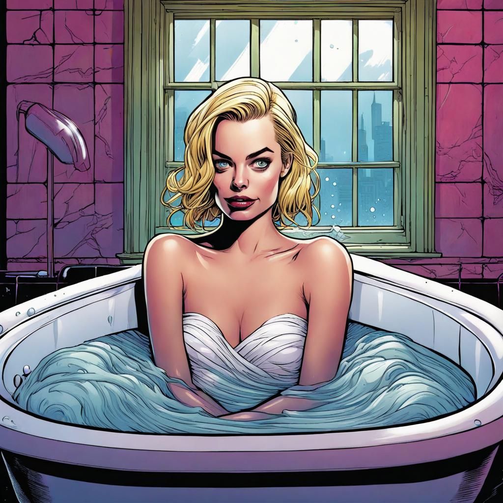 Woman in Bathtub in Comic Book Style