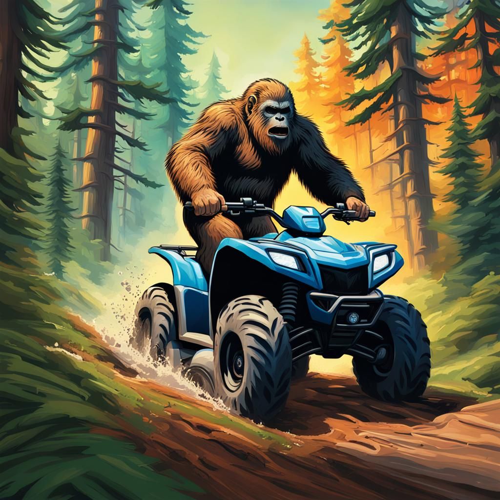 Bigfoot on ATV Through Forest: Hyperrealistic Splash Art