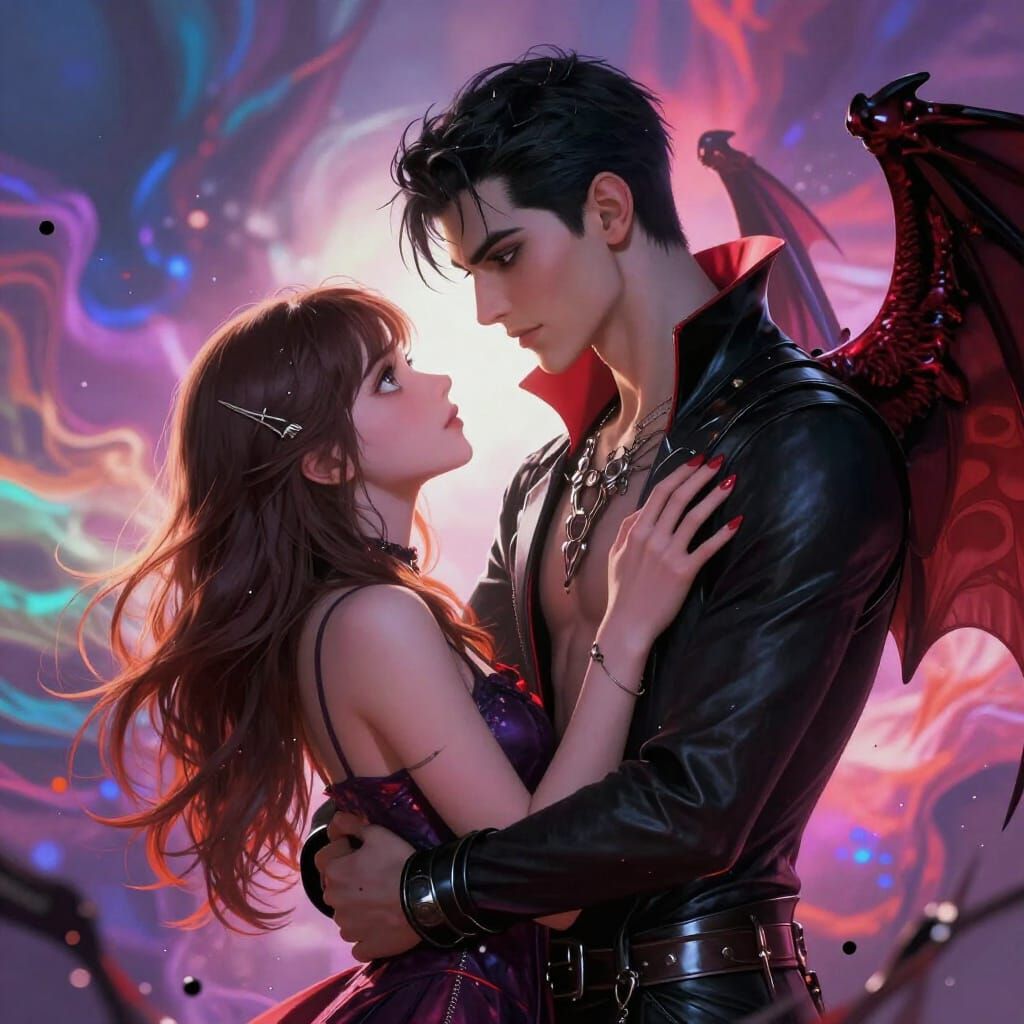 Vampire Boy With Demon Wings Holds Girl Romanticly