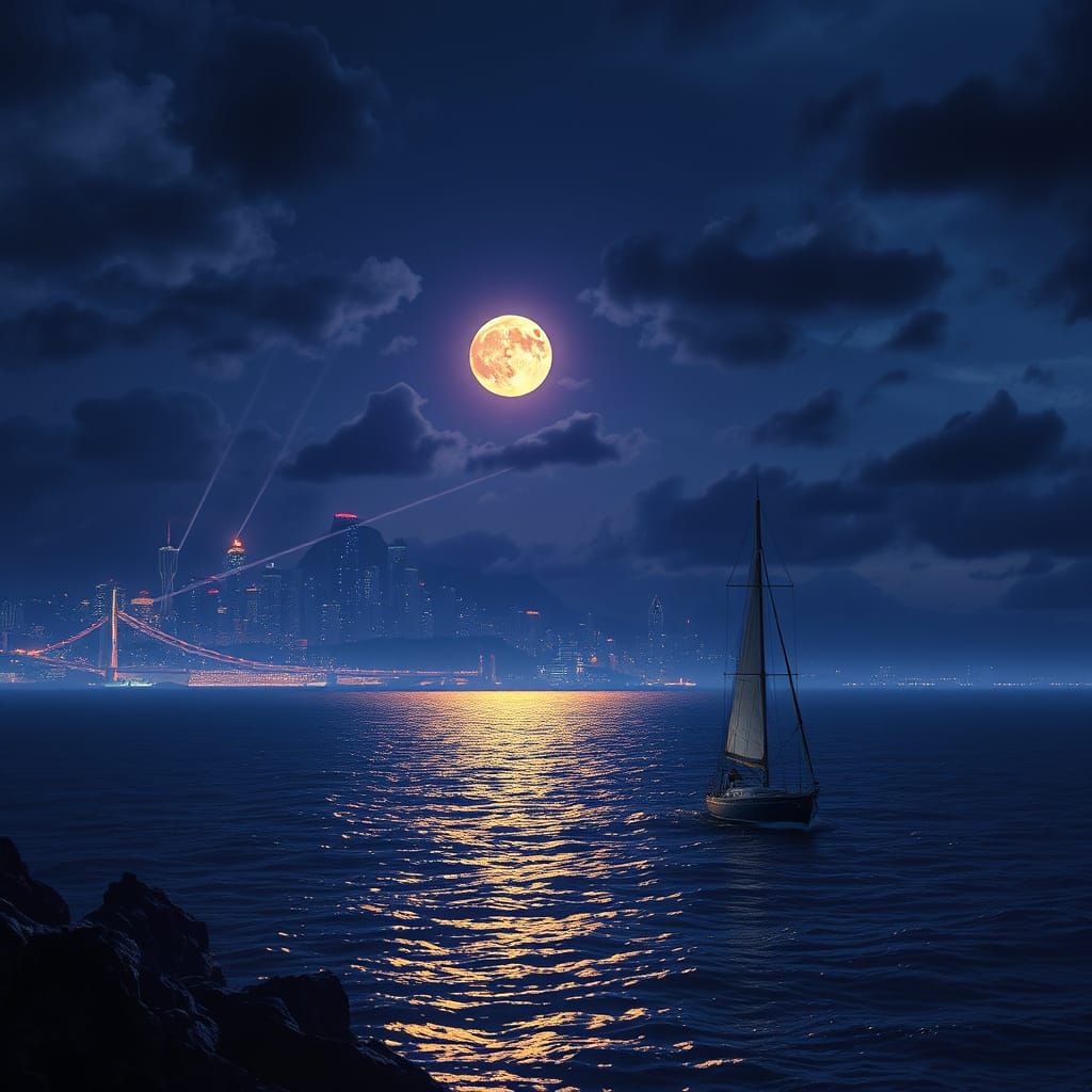 Night Cityscape with Yacht Under Full Moon