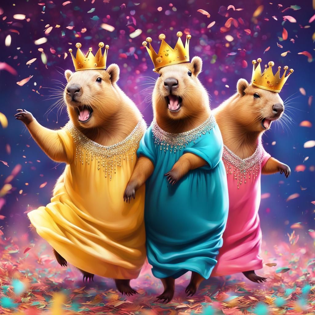 Dancing Capybaras in Gowns with Confetti Background