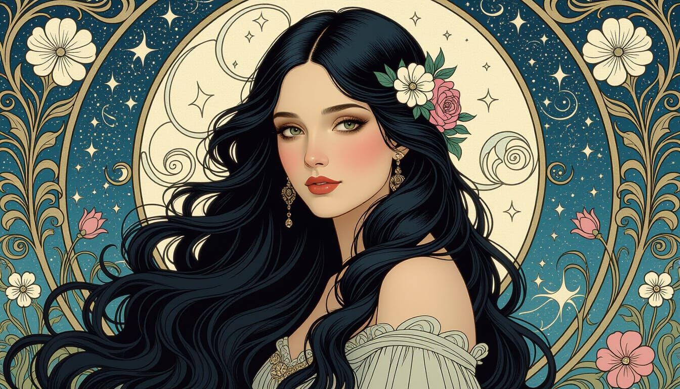 Raven Haired Woman Amidst Stardust and Moonlight