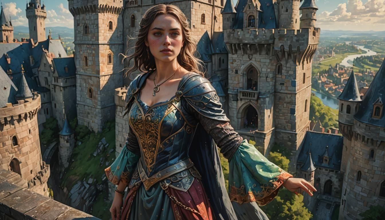 Woman on Castle Tower in Splash Art Style