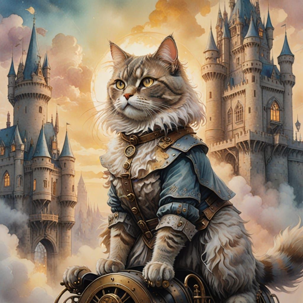 Girl Riding Cat in Steampunk Castle: Watercolor Art
