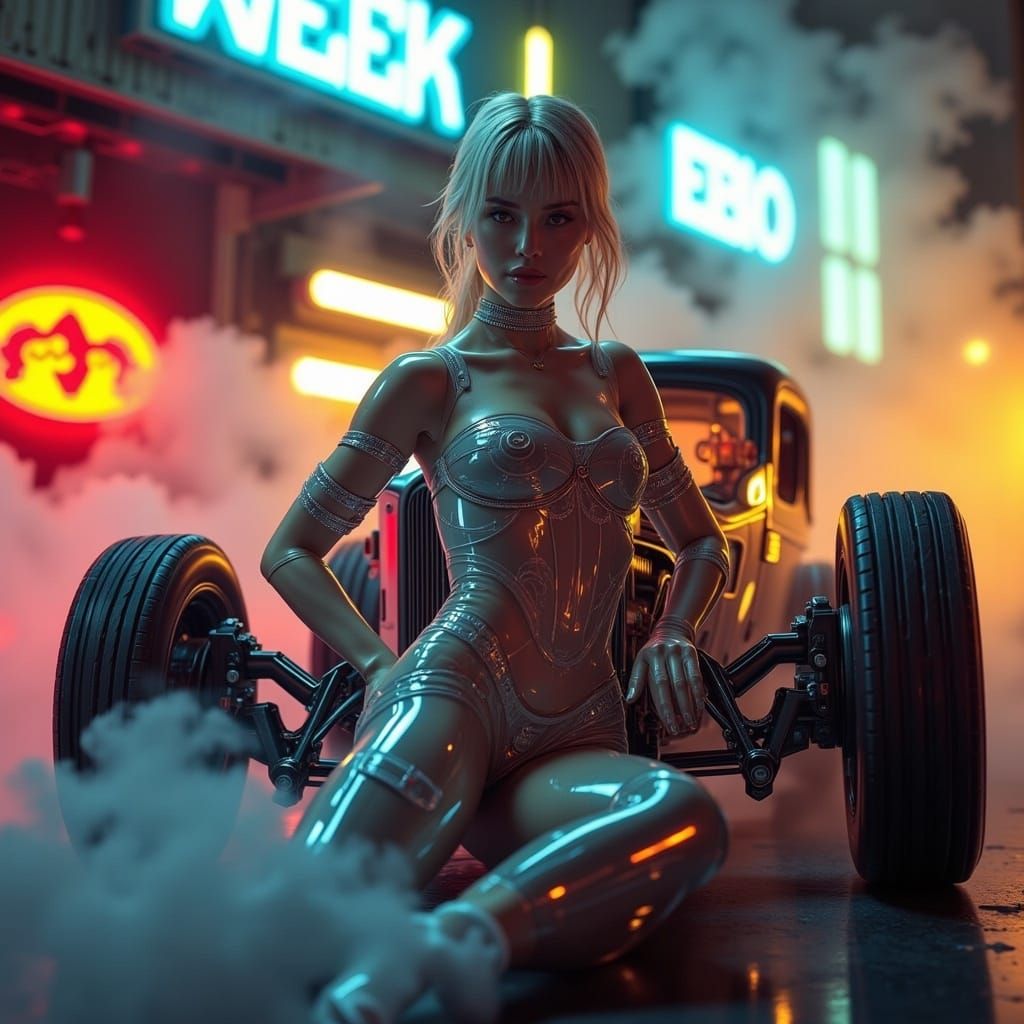 Cybernetic Pinup Model in Futuristic 1930s Hotrod Coupe