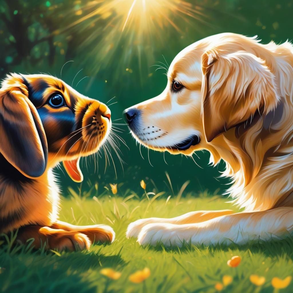 Bunny Sniffs Dog in Sunlight: Hyperrealistic Concept Art
