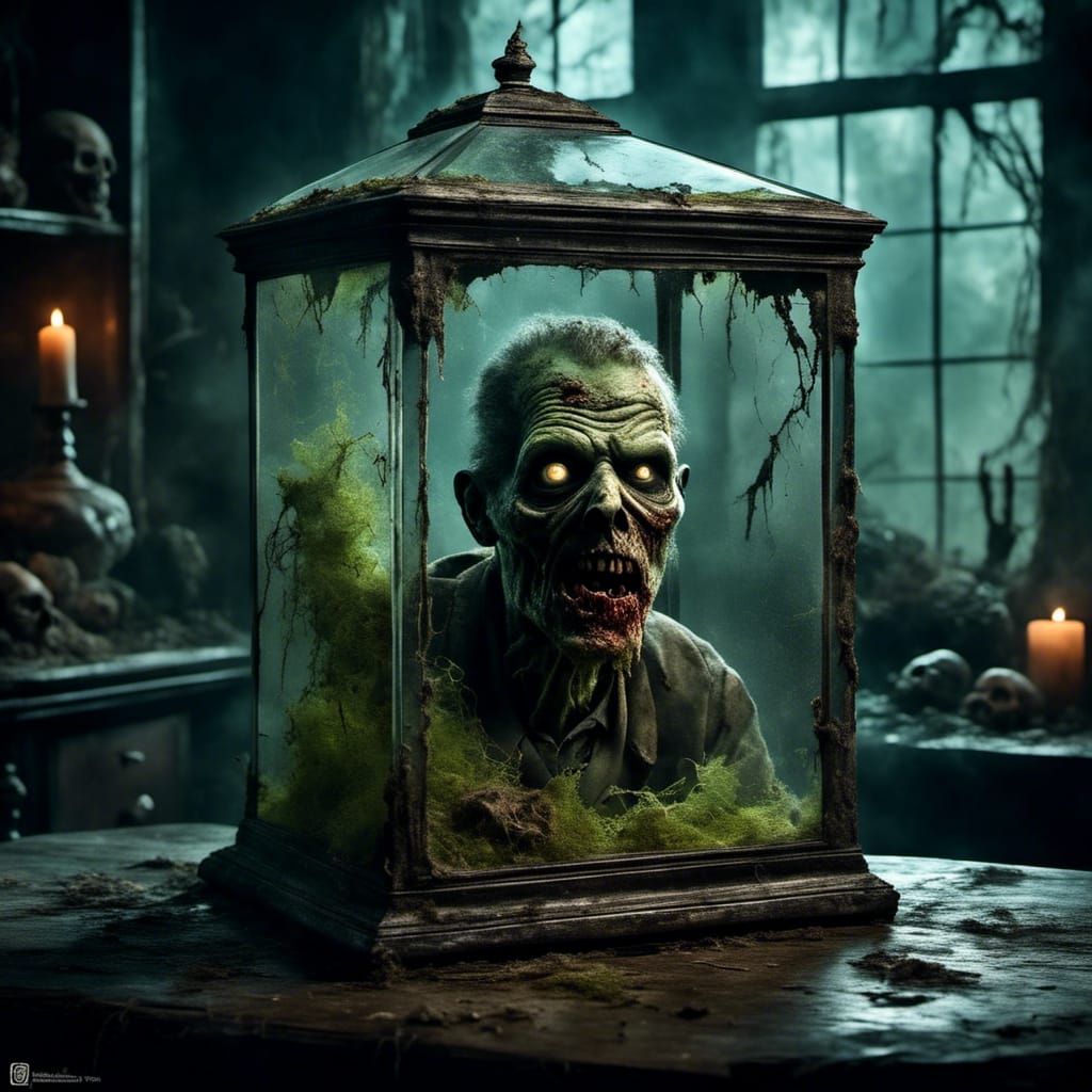 Trapped Zombie in Haunted House Glass Box