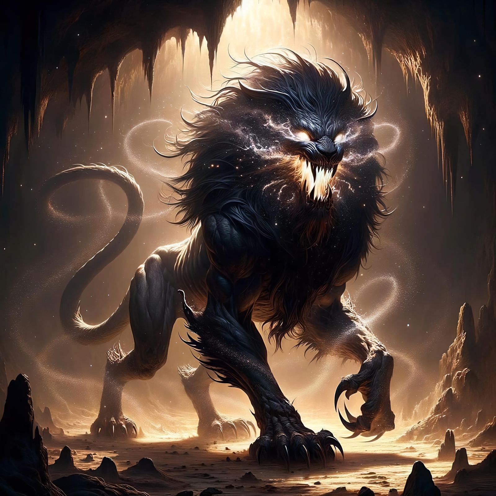 Menacing Gravorg, Imaginary Lion-like Creature in Cavern