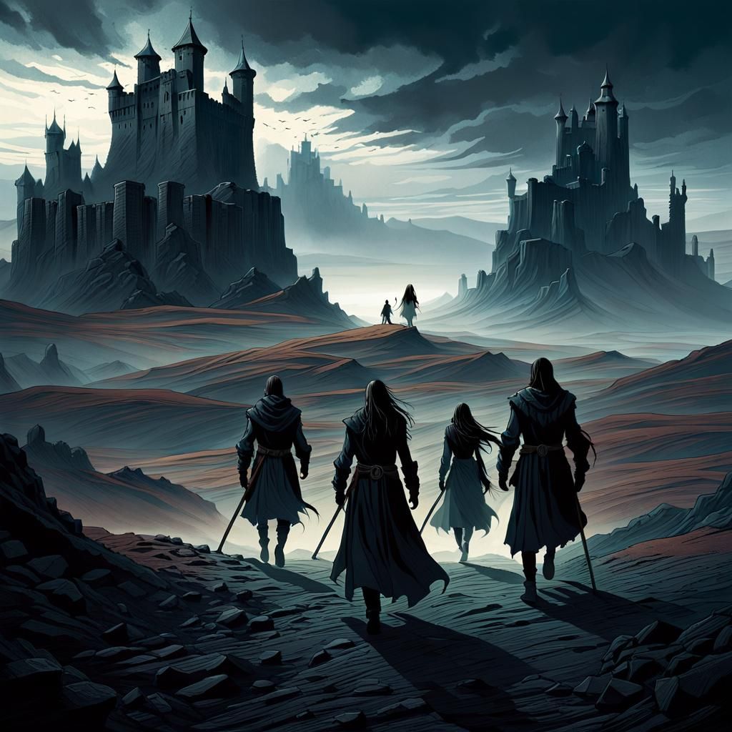 Gothic Fantasy: Figures Journey to Ancient Castle