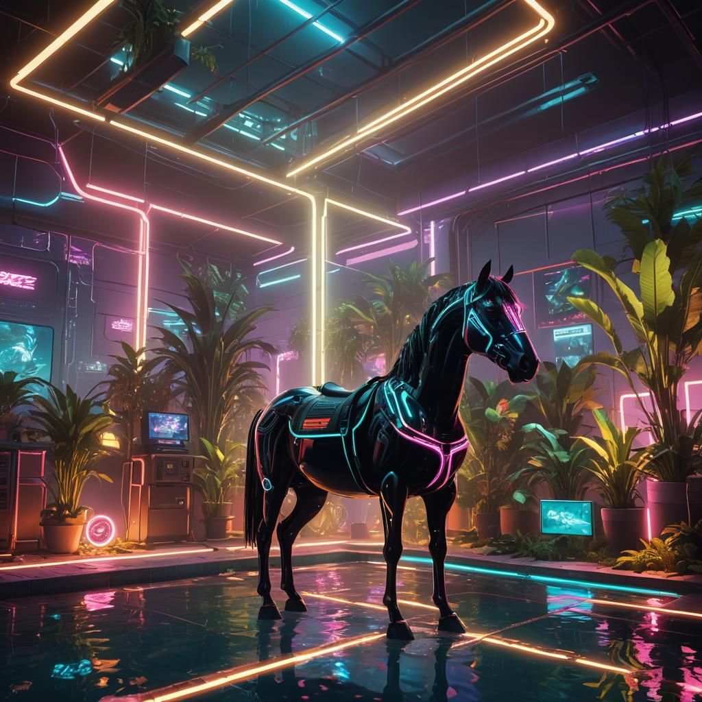 Futuristic Toucan Horse in Cyberpunk Neon Room