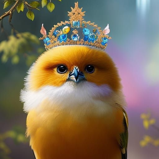 Adorable Chibi Bird with Diamond Crown in Anime CGI