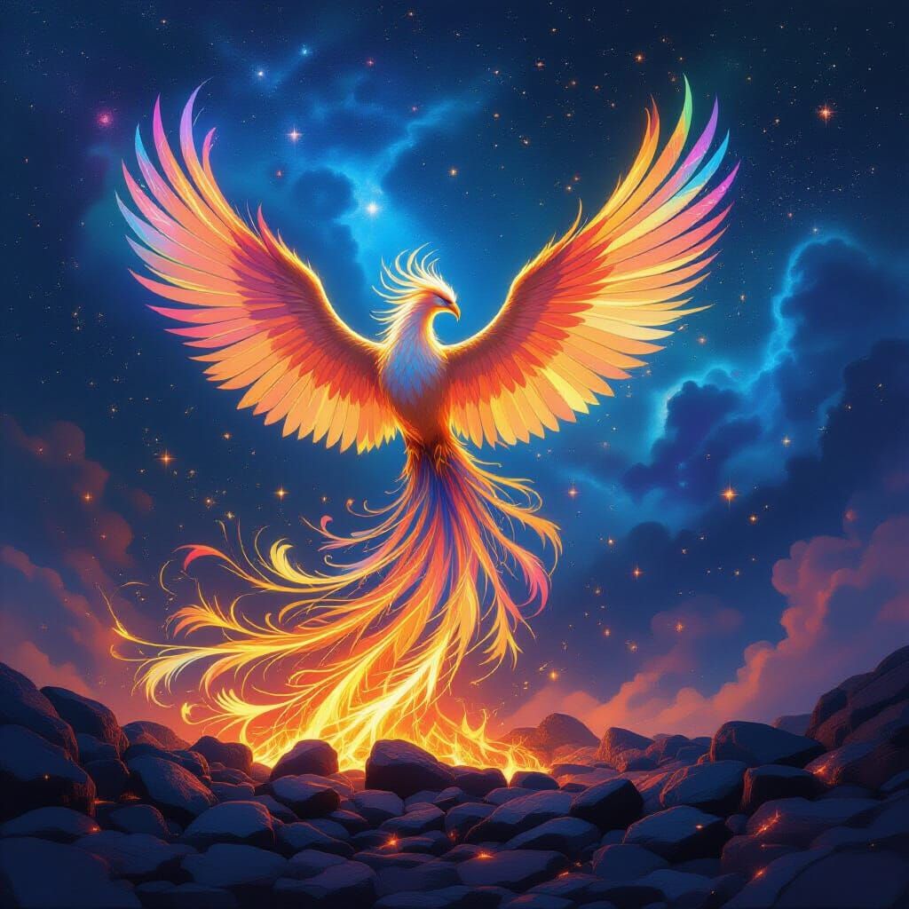 Majestic Phoenix Rises Amidst Cosmic Nebulae