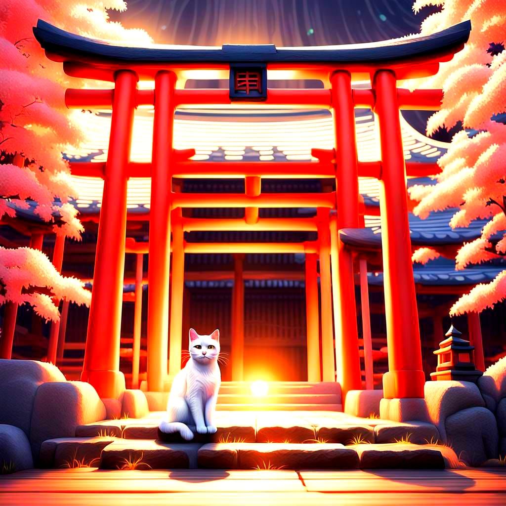 White Cat at Torii Gate with Volumetric Lighting