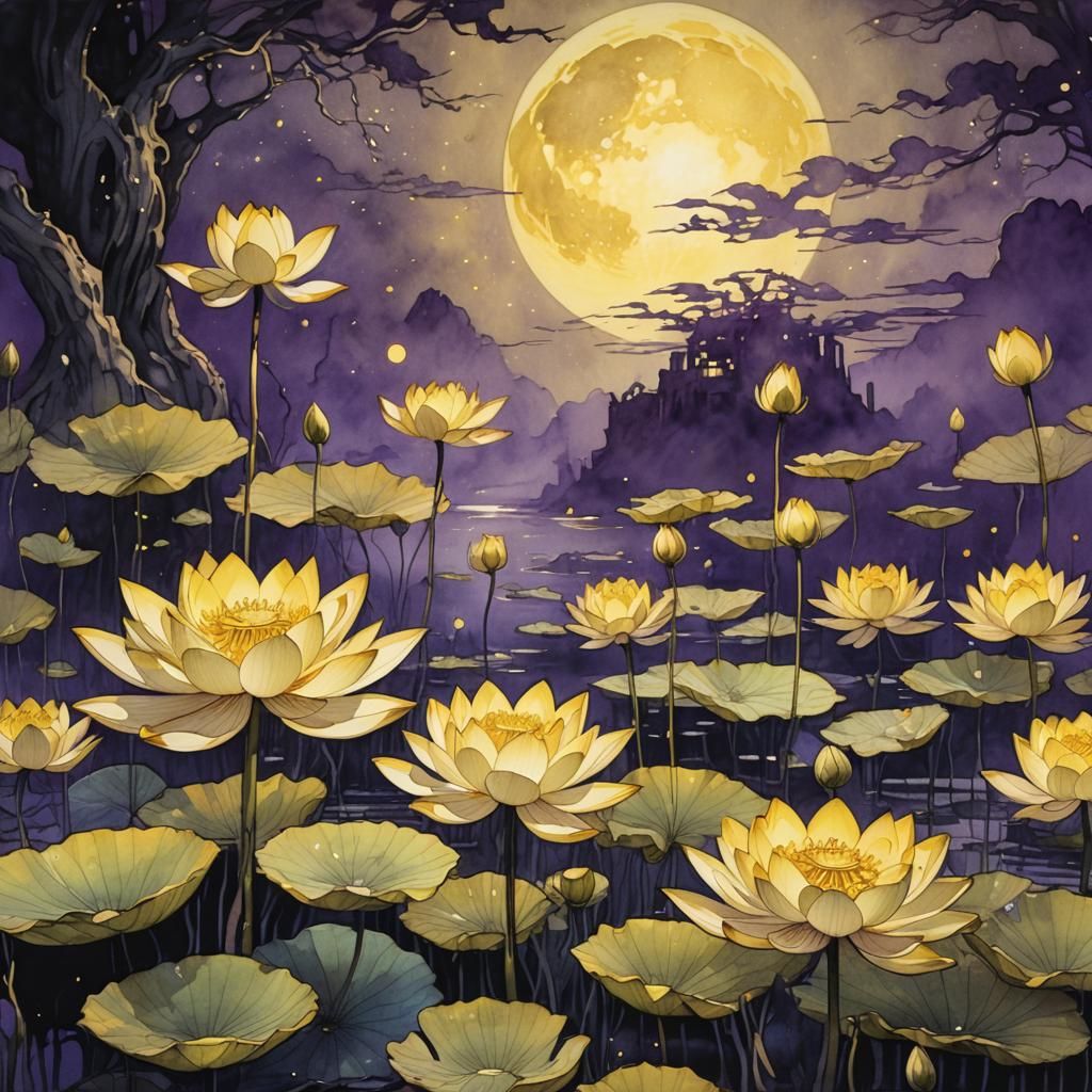Glowing Lotus Under Moonlight: Dark Fantasy Concept