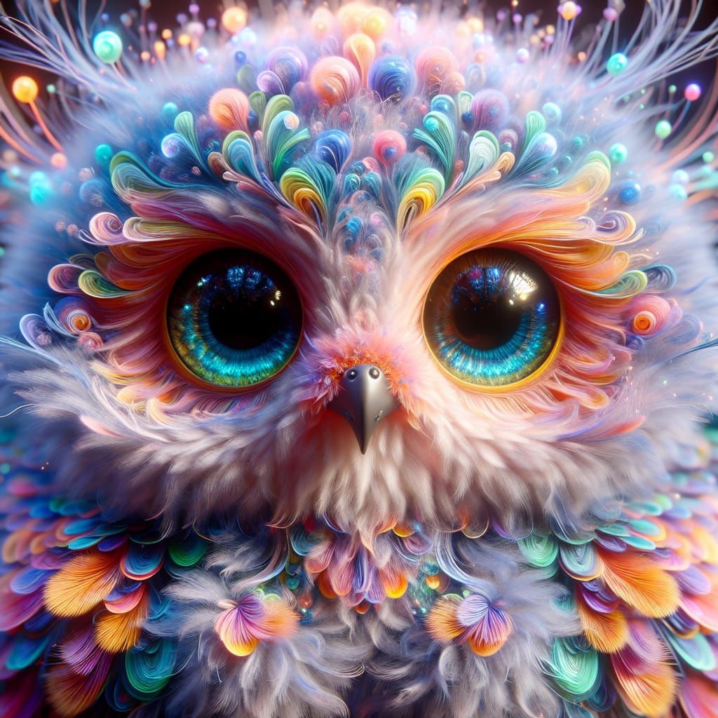 Bioluminescent Baby Owl Close-Up in Impasto Style