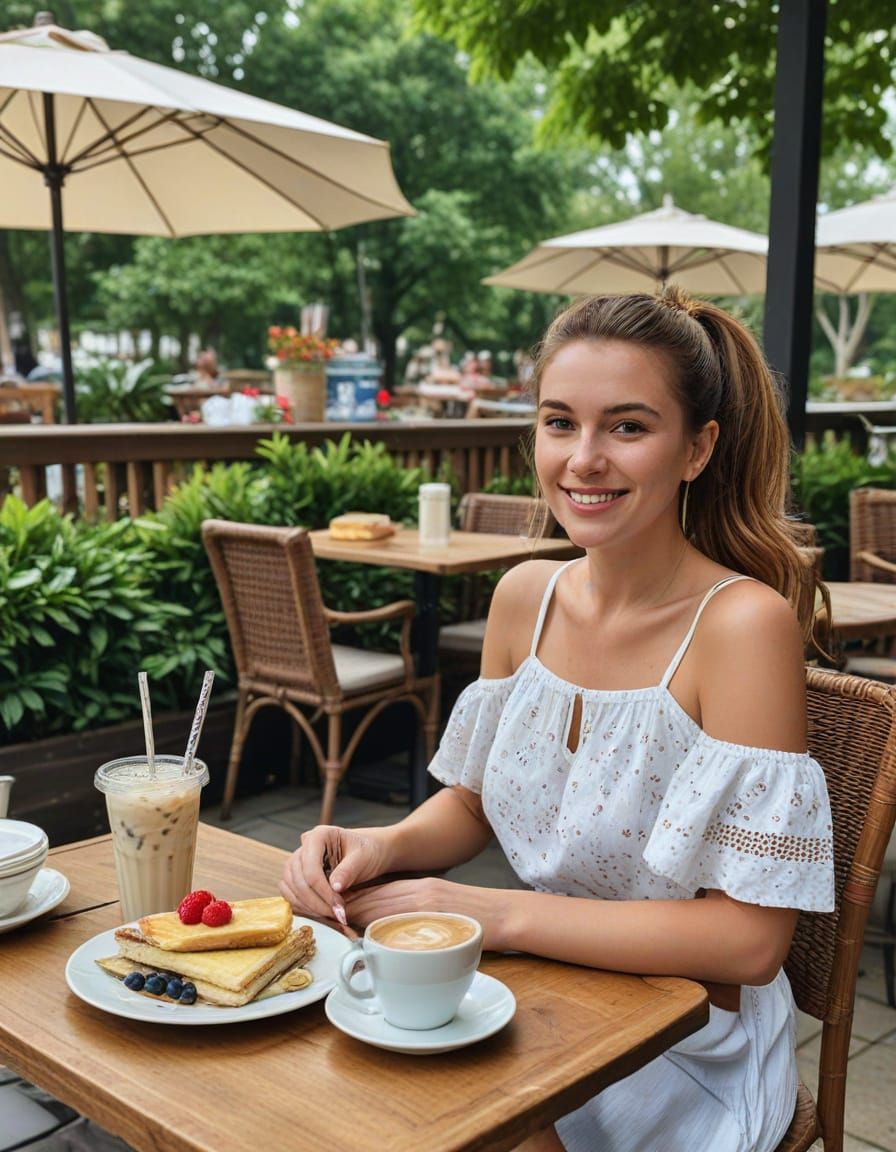 Woman Enjoying Coffee and Pastries at Outdoor Cafe