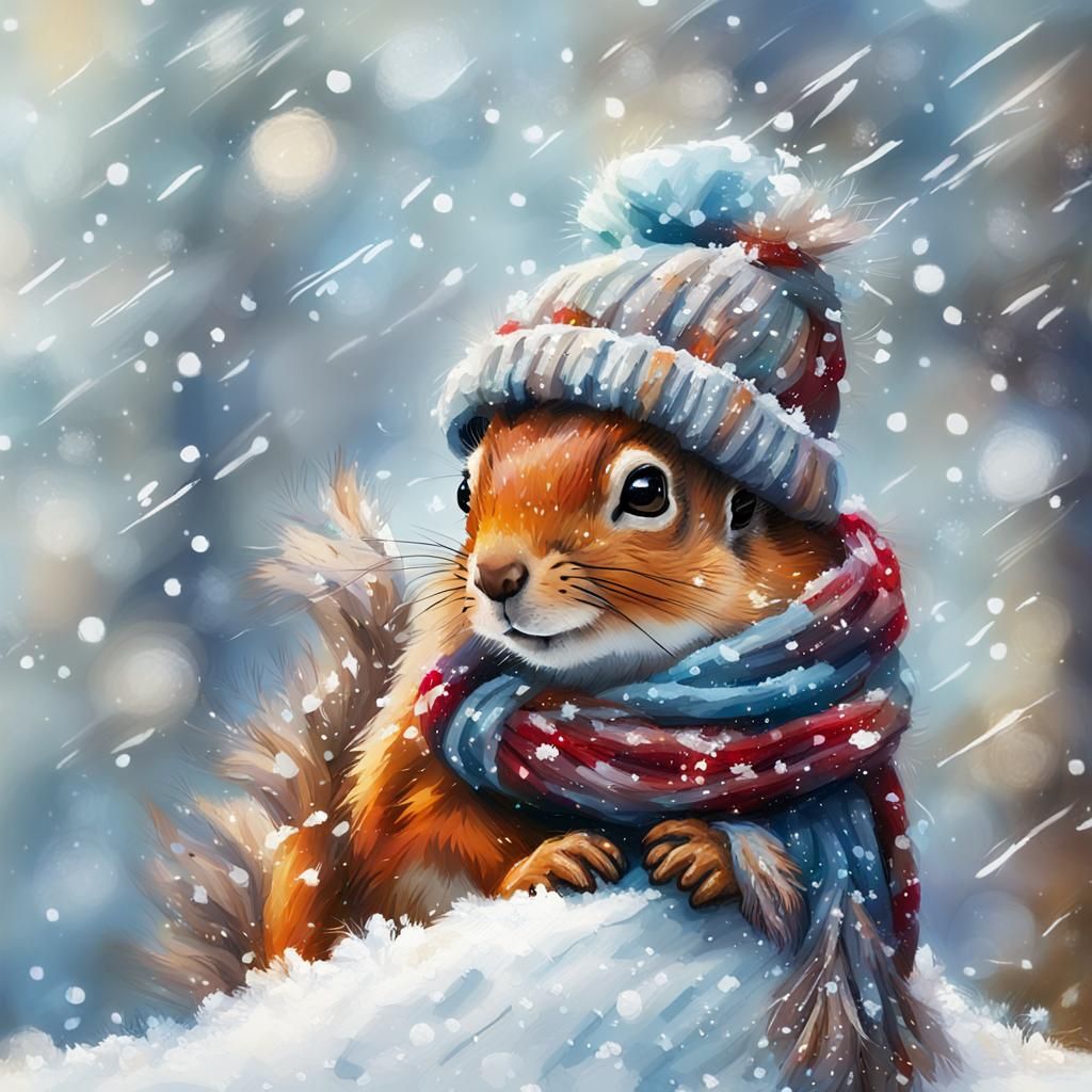 Squirrel in Winter Wonderland: Impasto Style Macro