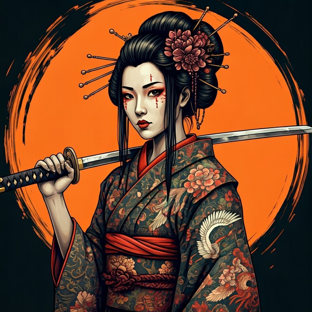 Japanese Warrior Woman with Katana in Chaotic Digital Painti...