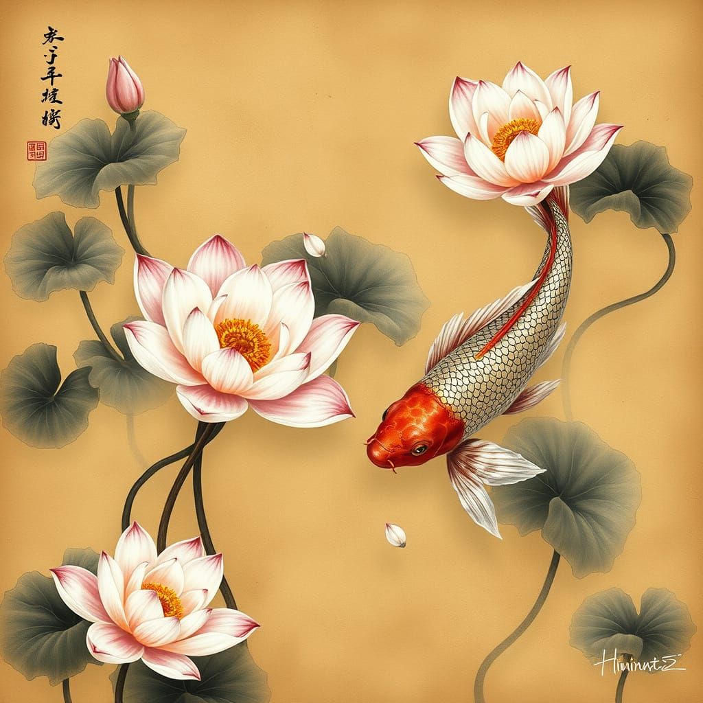 Koi and Lotus: Eastern Ink Wash Art
