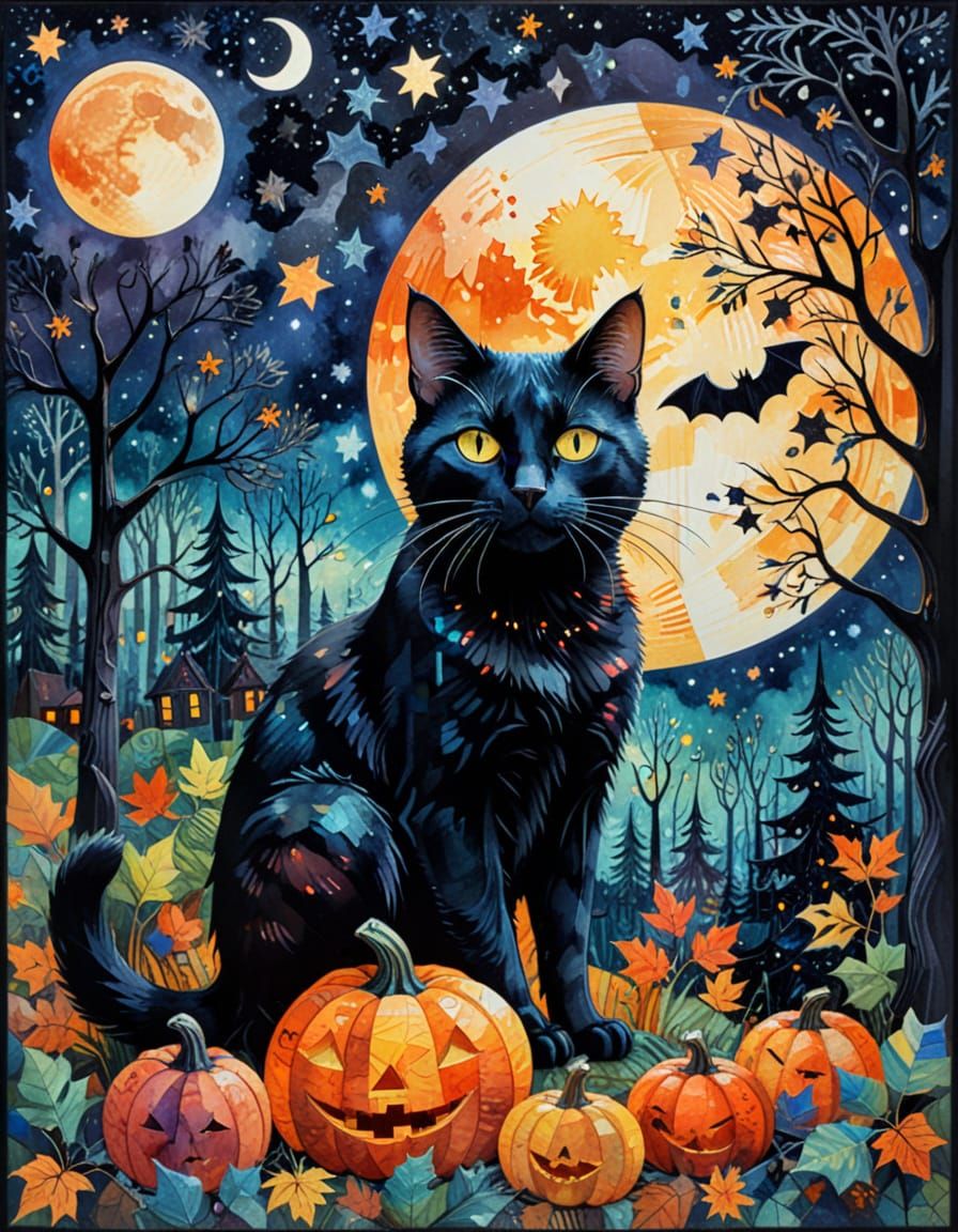 Black Cat in Forest: Cubism in Patchwork Style