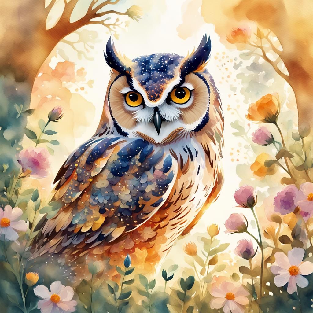 Whimsical Owl in a Vibrant Garden