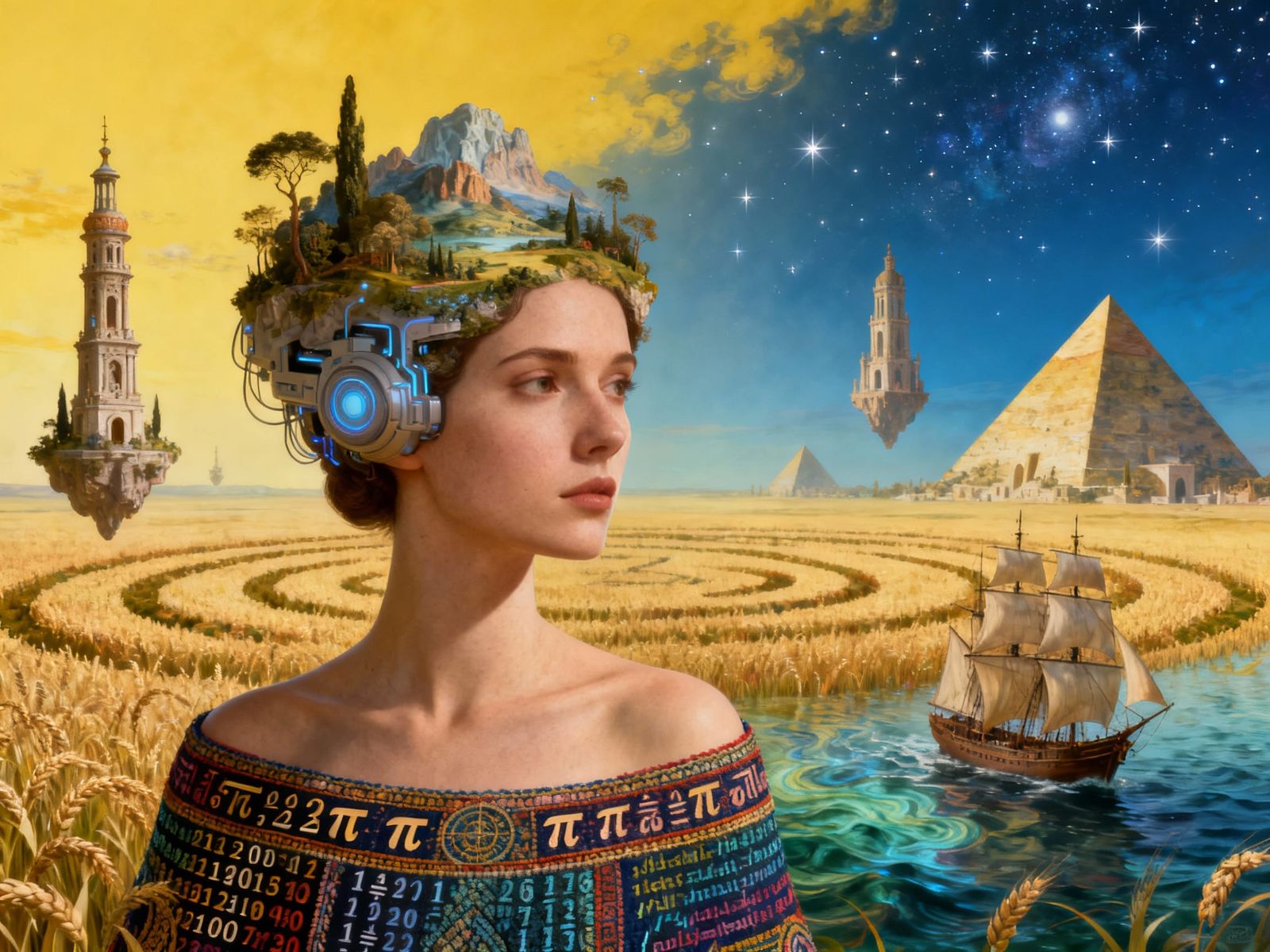 Feminine AI Emerges from Numbers in Surrealist Collage