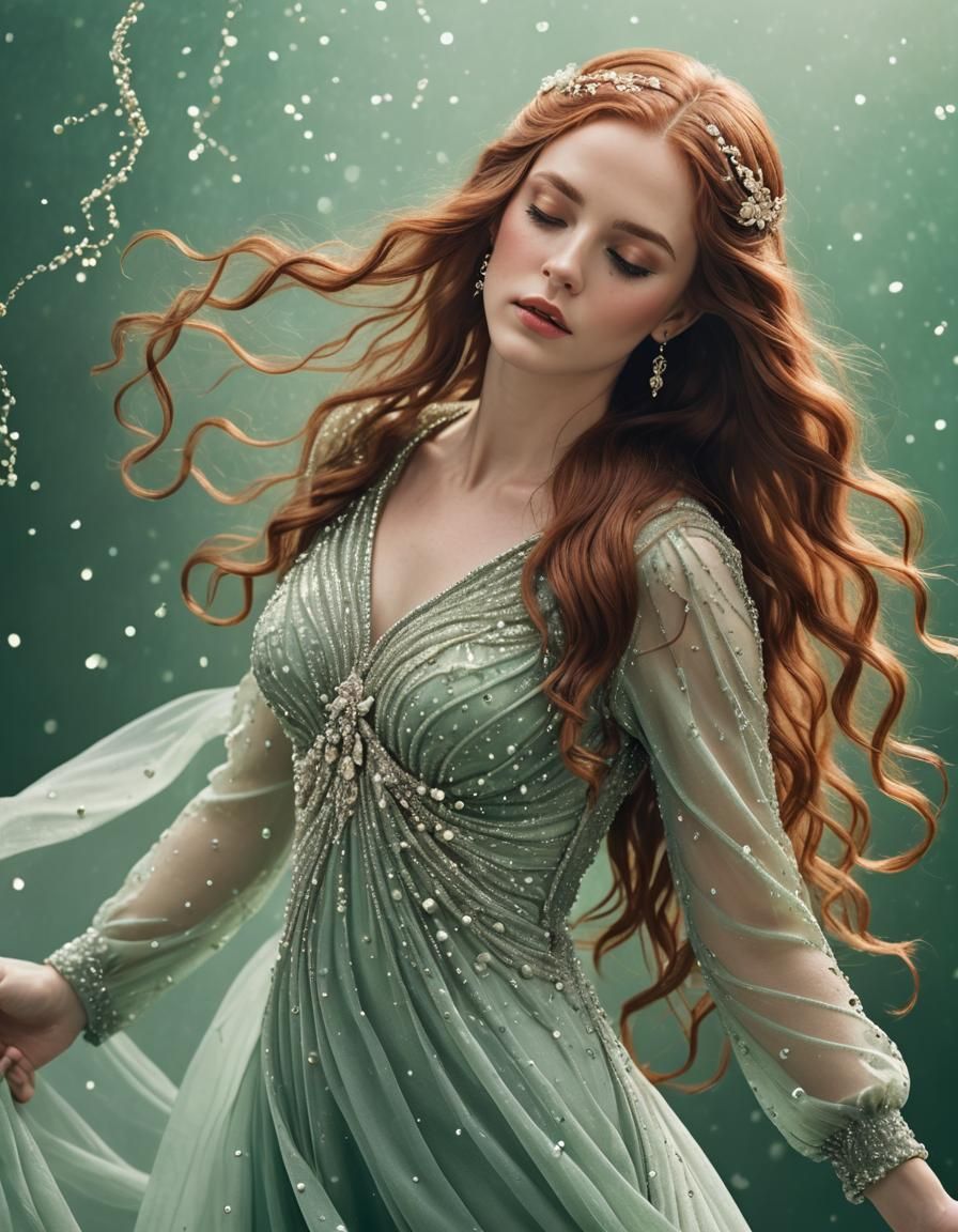 Ethereal Beauty in Emerald: Digital Art Portrait