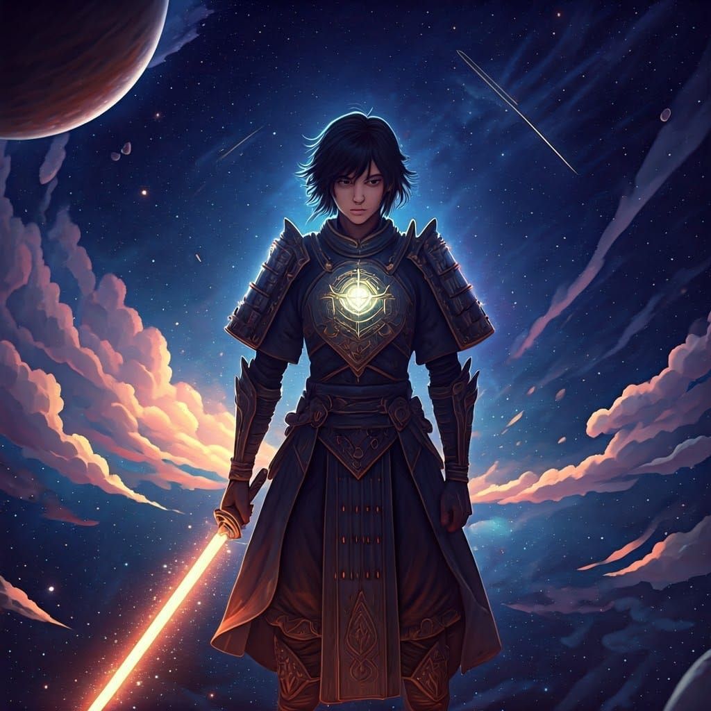 Celestial Warrior in Cosmic Arena, Digital Art