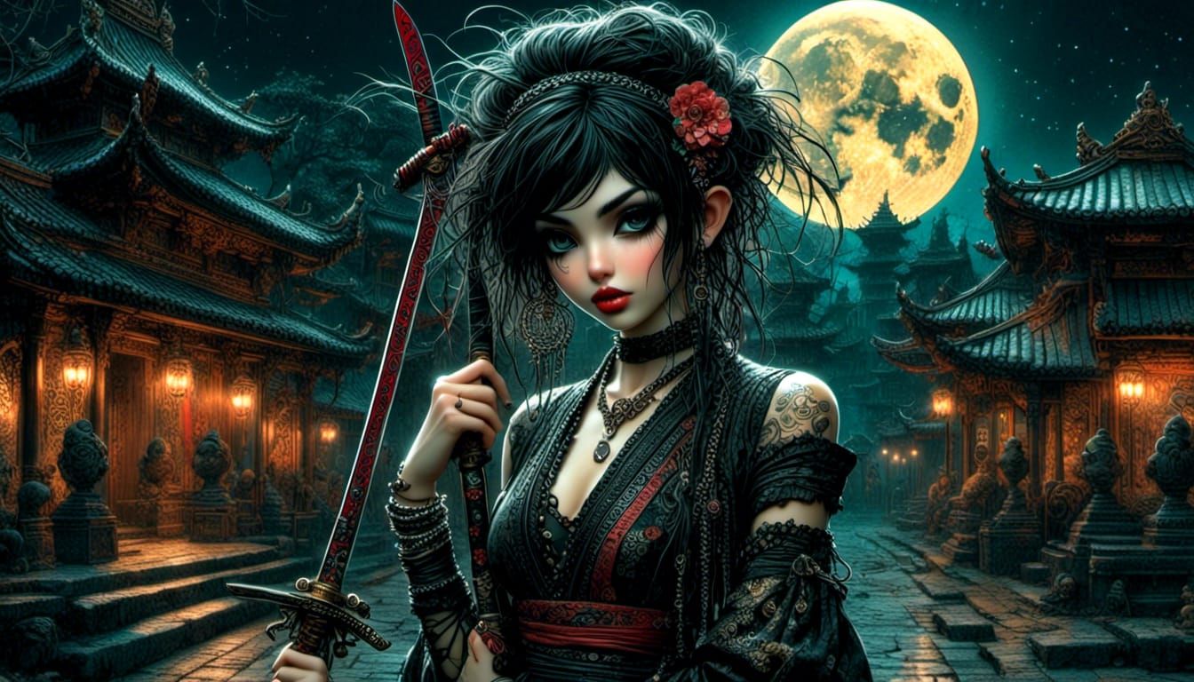 Whimsical Ninja in Temple Courtyard: Digital Art