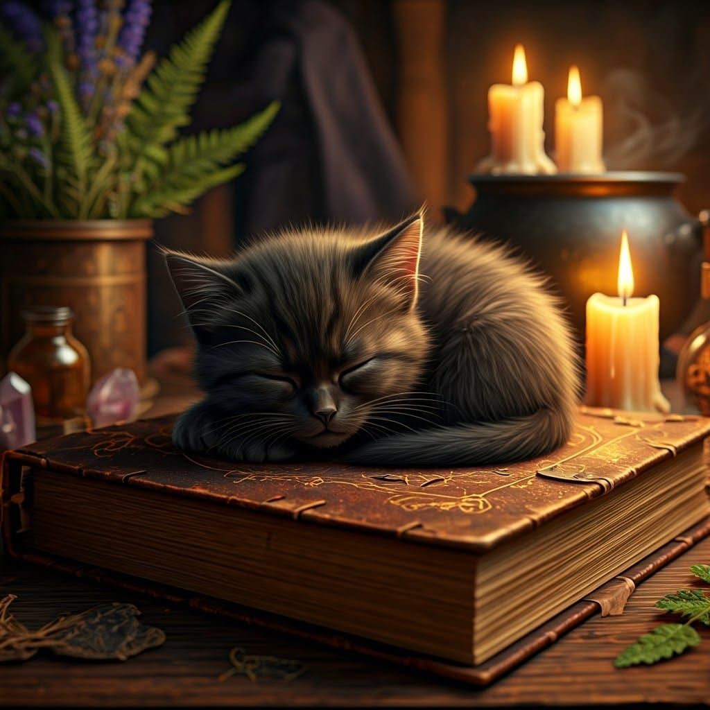 Sleeping Kitten on Spellbook in Volumetric Lighting