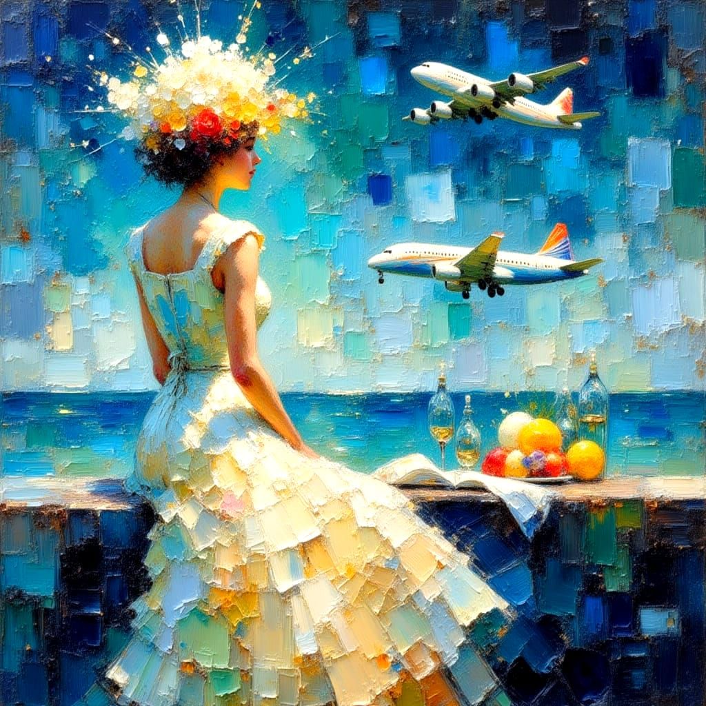 Singer Waving Goodbye from Plane Window in Impasto Oil Paint...