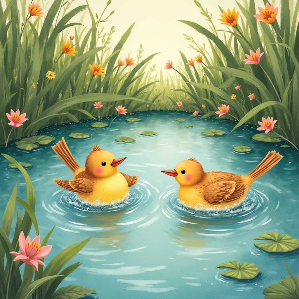 Birds Bathing in Pond: Whimsical Art