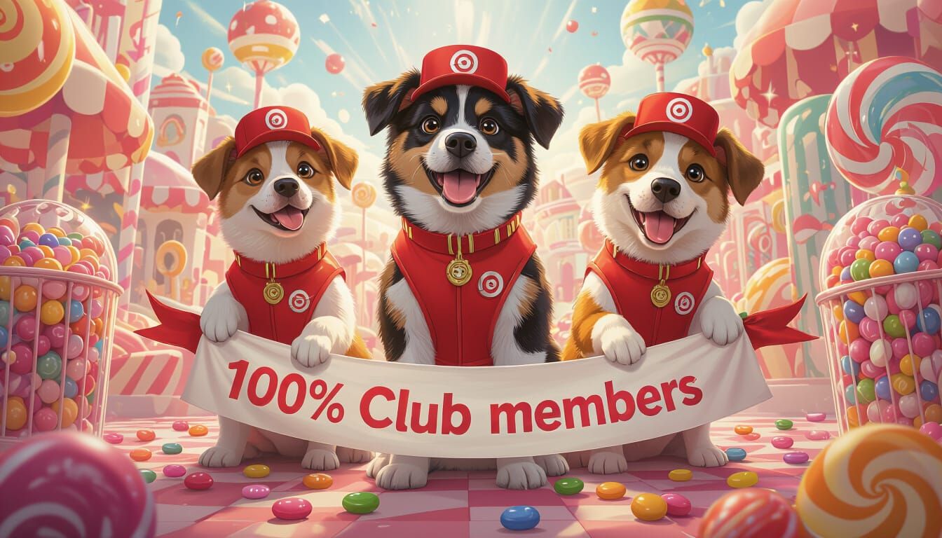 Target Dogs Celebrate in Candyland, Hyperrealistic Digital A...