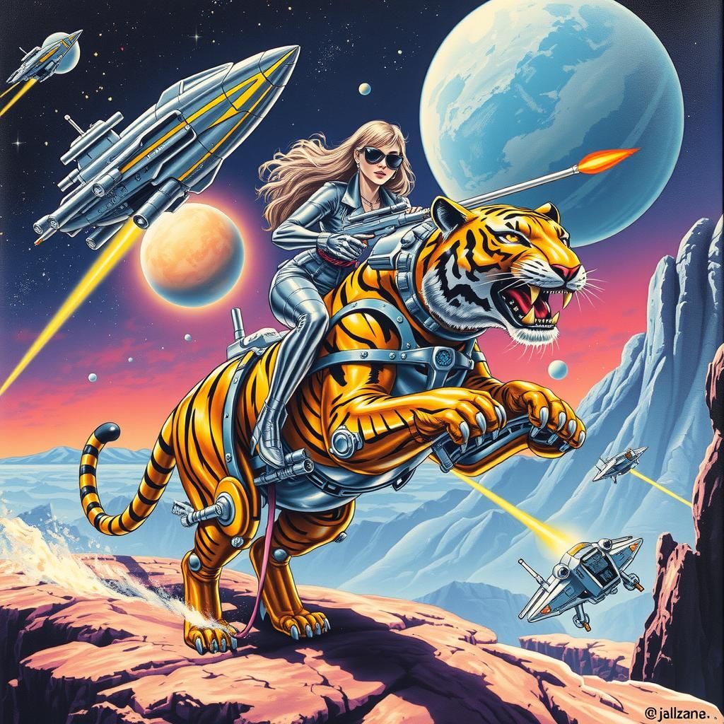 Cyberpunk Pin-Up: Woman on Robotic Tiger