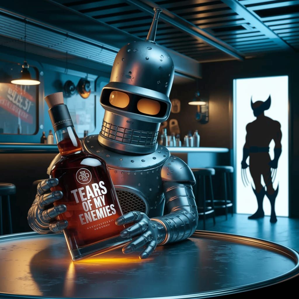 Tattered Bender in Retro-Futuristic Bar with Wolverine Silho...