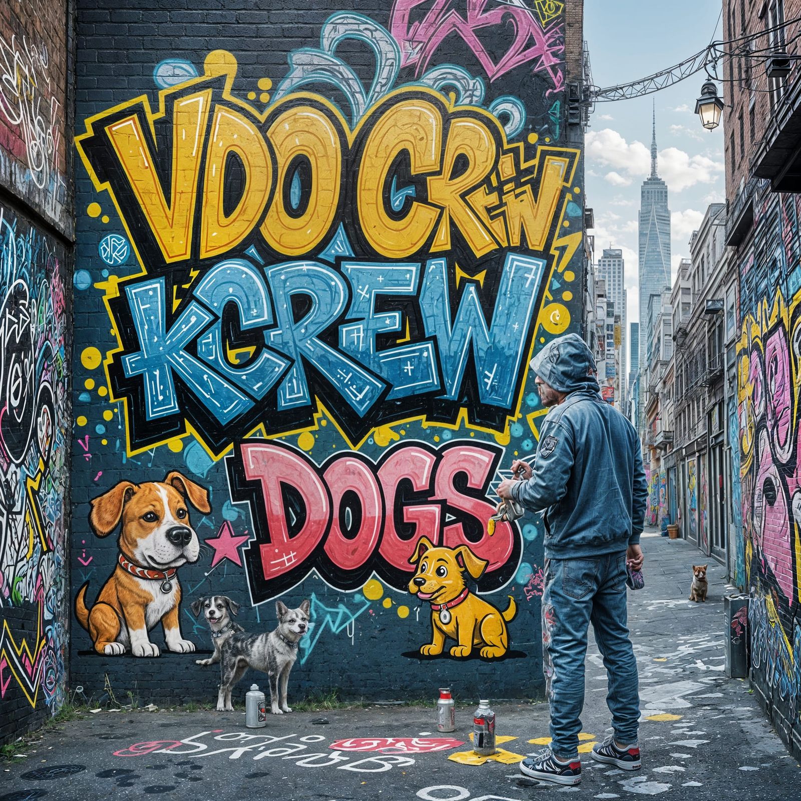 Urban Alley Graffiti Mural with Artist and Dog Characters