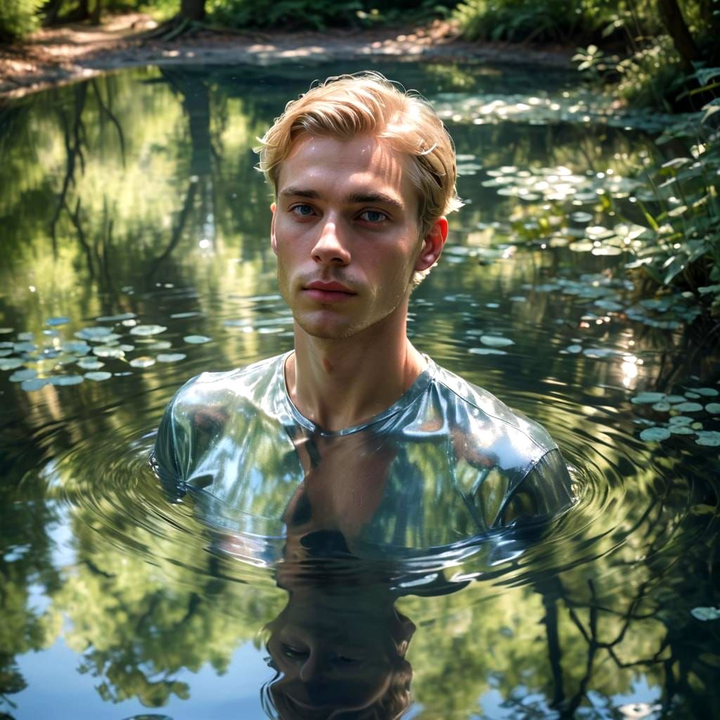 Young Man Gazing at Reflection in Forest Pool