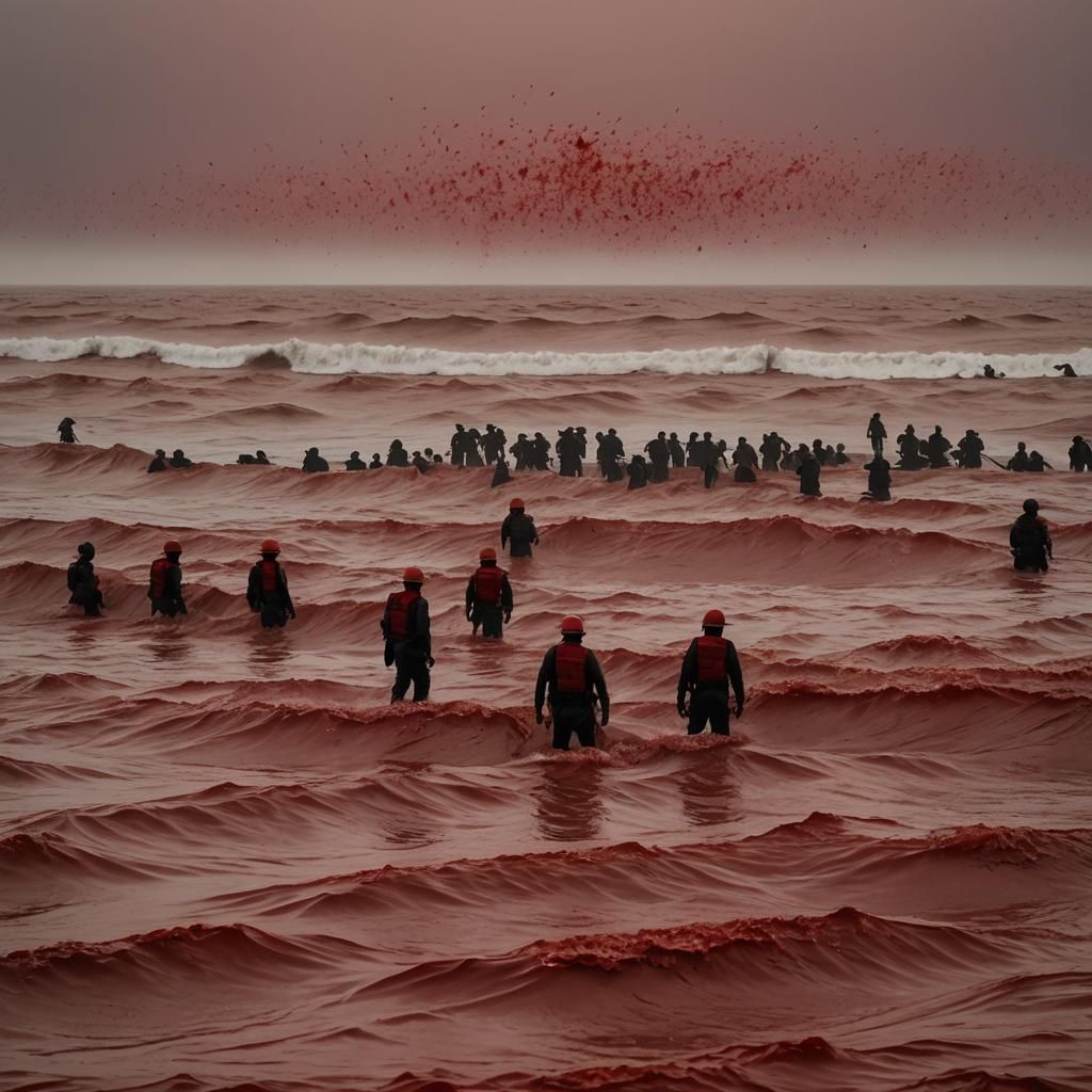 Blood-Red Sea: A Surreal Landscape of Violence