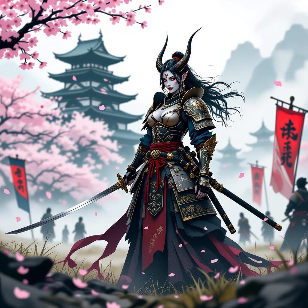 Tiefling Samurai Warrior on Battlefield, Dark Fantasy Art