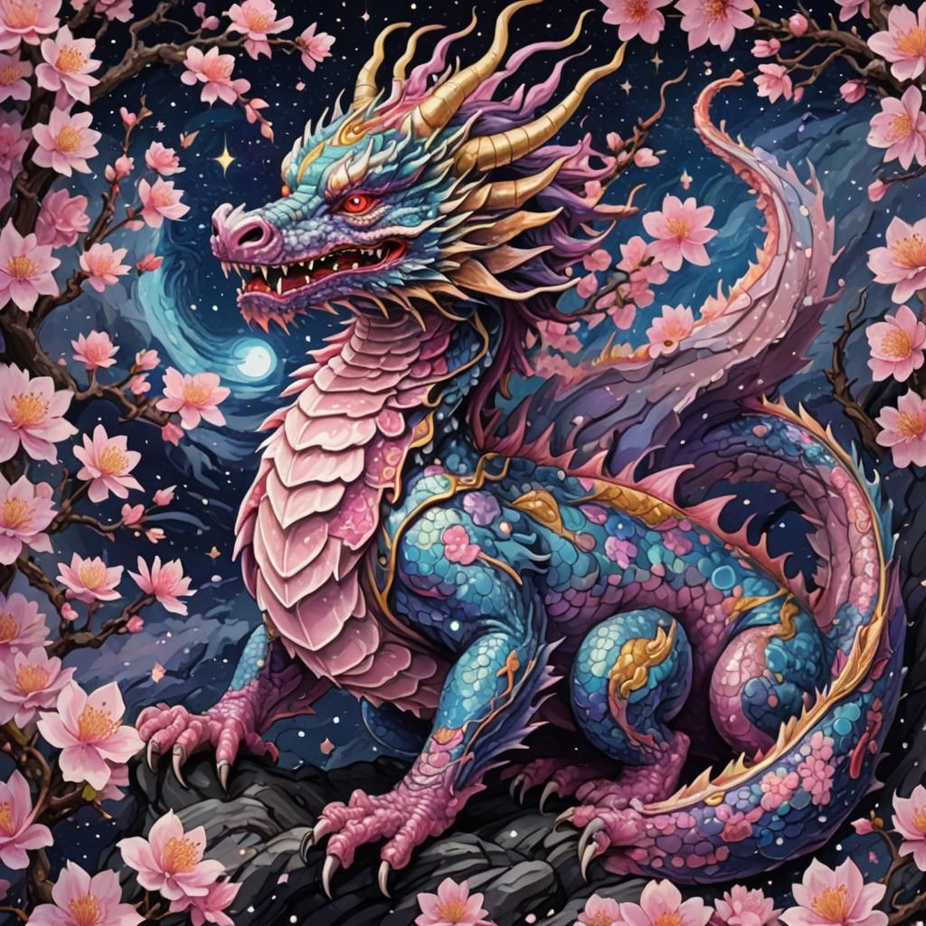 Majestic Asian Dragon with Cherry Blossoms in Pixel Art