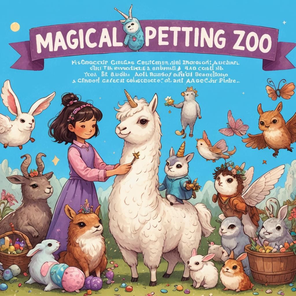 a carpet snake with a Fairy head, a crowd of rabbits with Unicorn head, Owls reading magic potions, an assortment of cre...