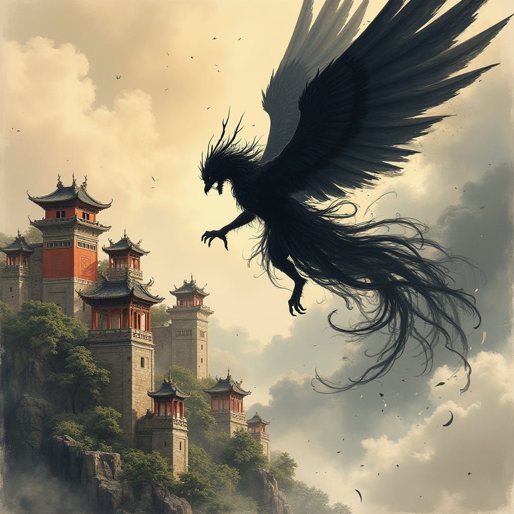 Dark Winged Figure Soaring Over Ancient Ruins